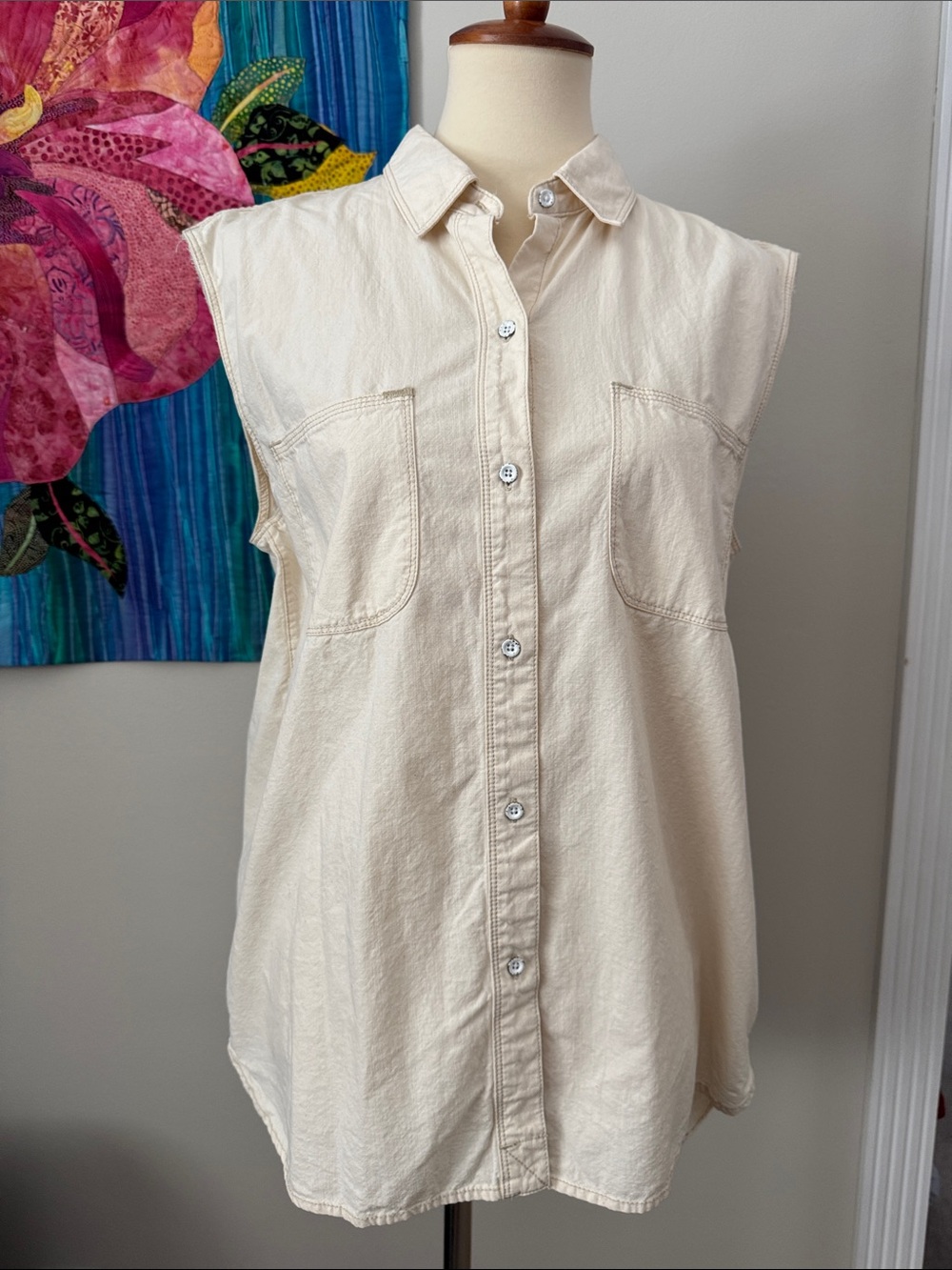 Madewell Cream Sleeveless Button-Front Shirt, new with no tag L